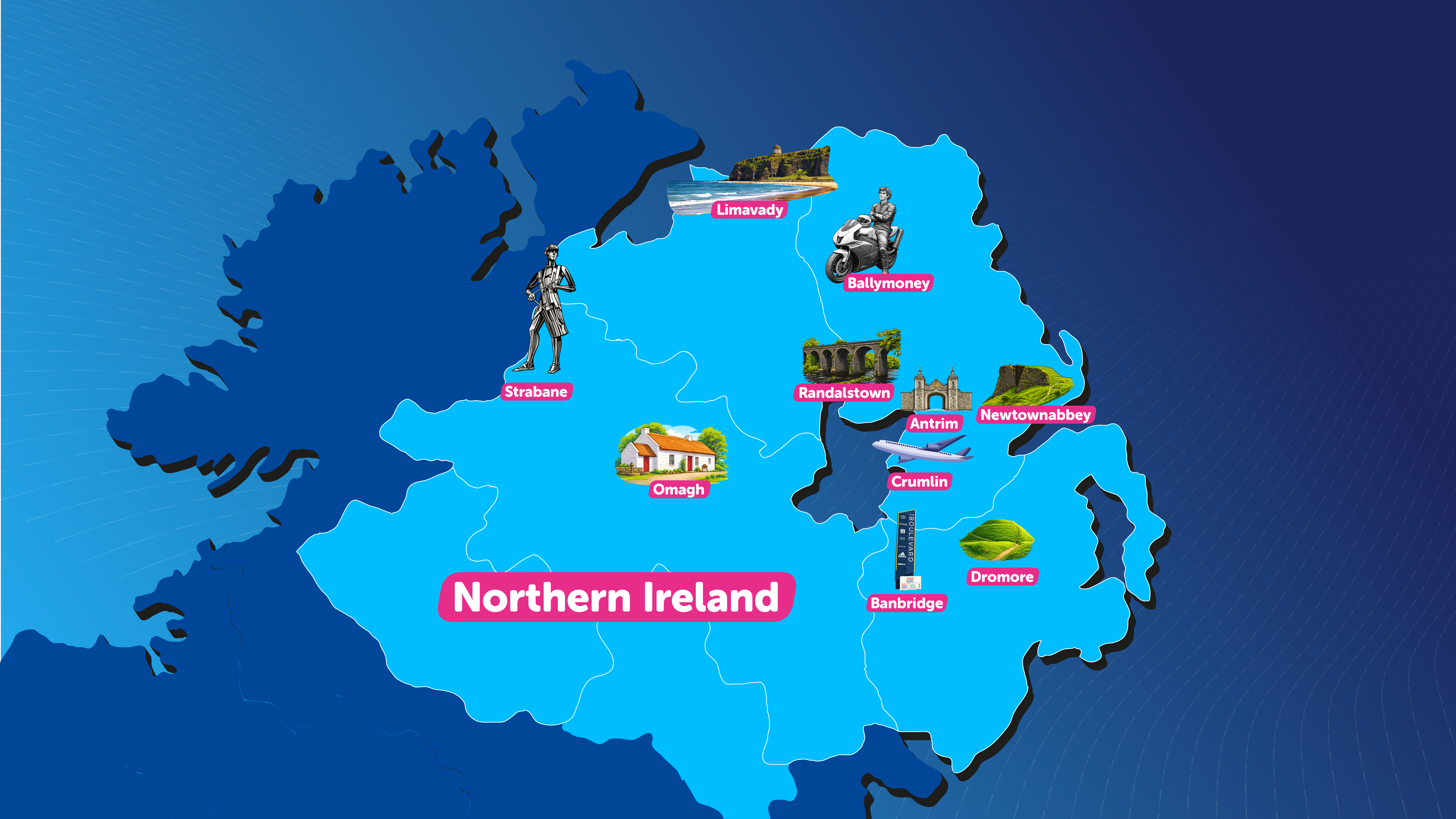 Map of Northern Ireland highlighting towns (Omagh, Strabane, Limavady, Ballymoney, Antrim, Newtownabbey, Crumlin, Rand­alstown, Banbridge, Dromore) with icons and a figure in the west.